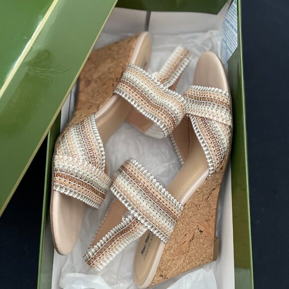 Coach and Four Wedge Heels, Size 8M, Multi-Colored Stretch, 3.5 inch Cork Heel - Picture 9 of 10